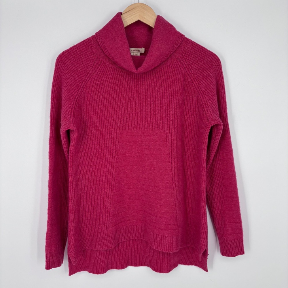 Sundance 100% Lambswool Cowl Neck Ribbed Knit Sweater Women XS Pink Pullover Top